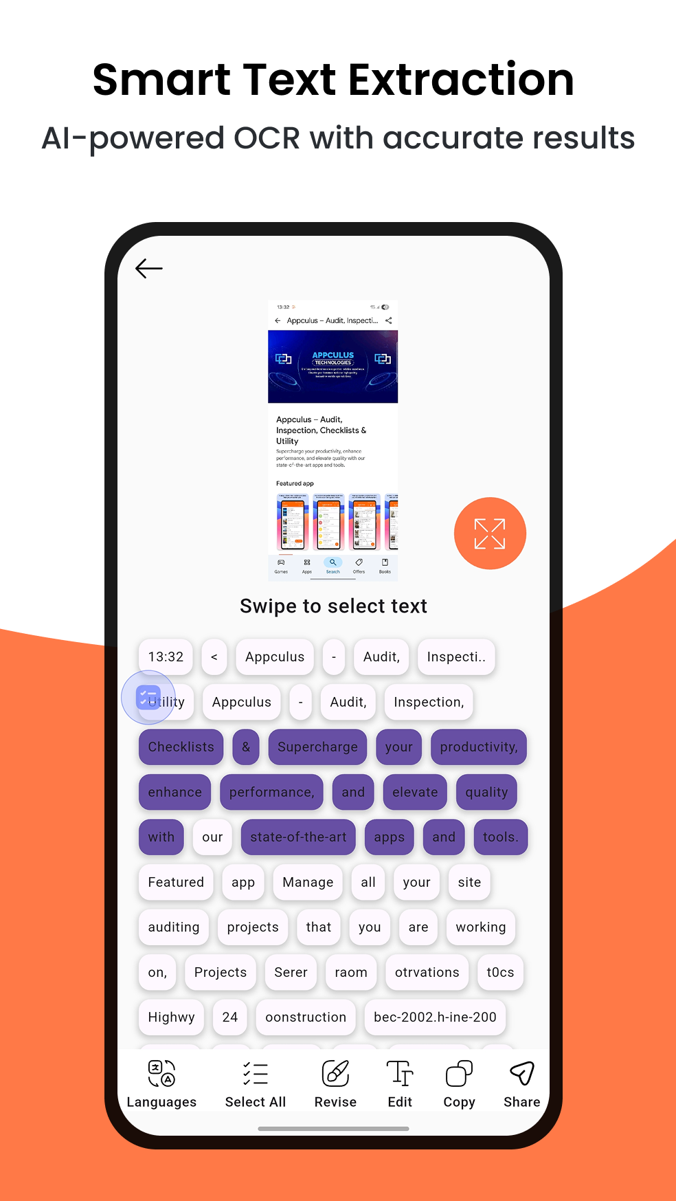 Snap2Text screenshot showing floating button screen OCR to extract text from screen content