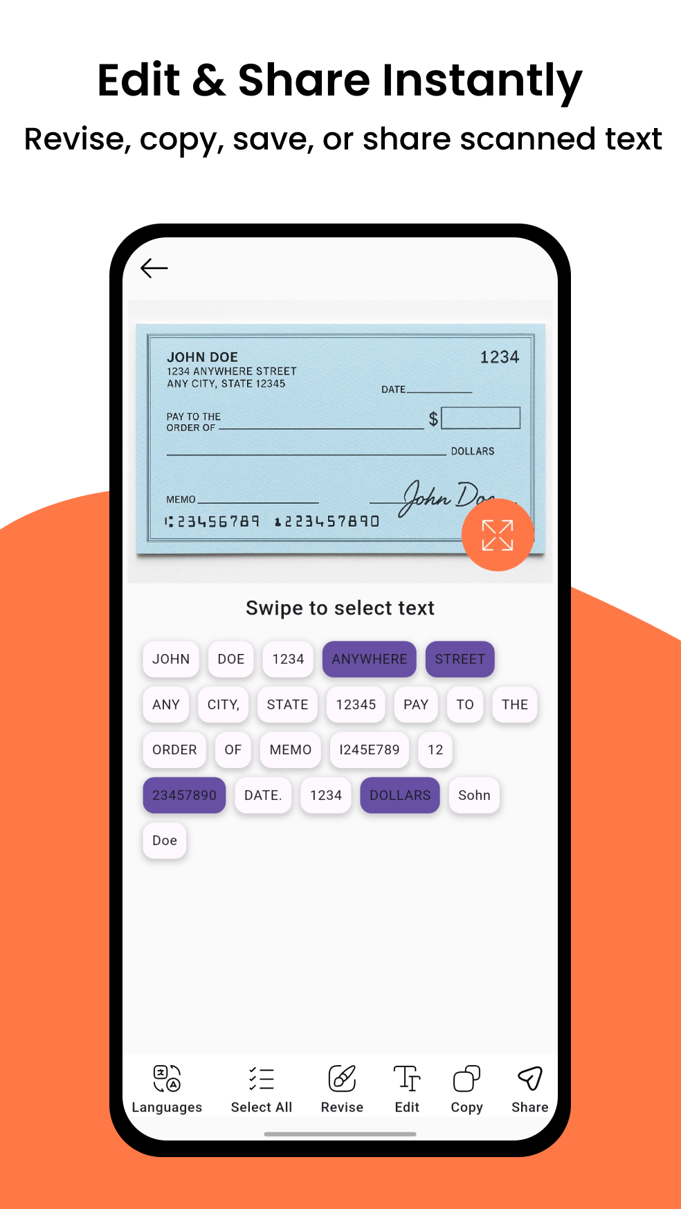 Snap2Text screenshot showing camera OCR scanner capturing text from documents offline