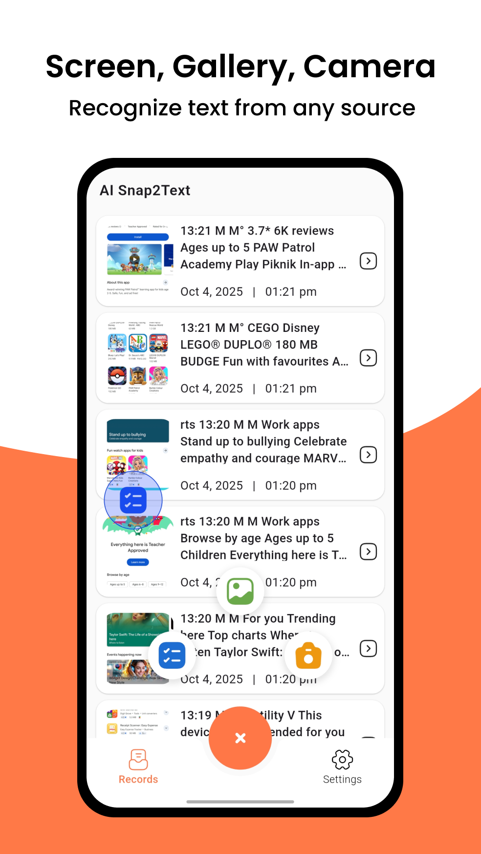 Snap2Text screenshot showing gallery image to text conversion with offline OCR
