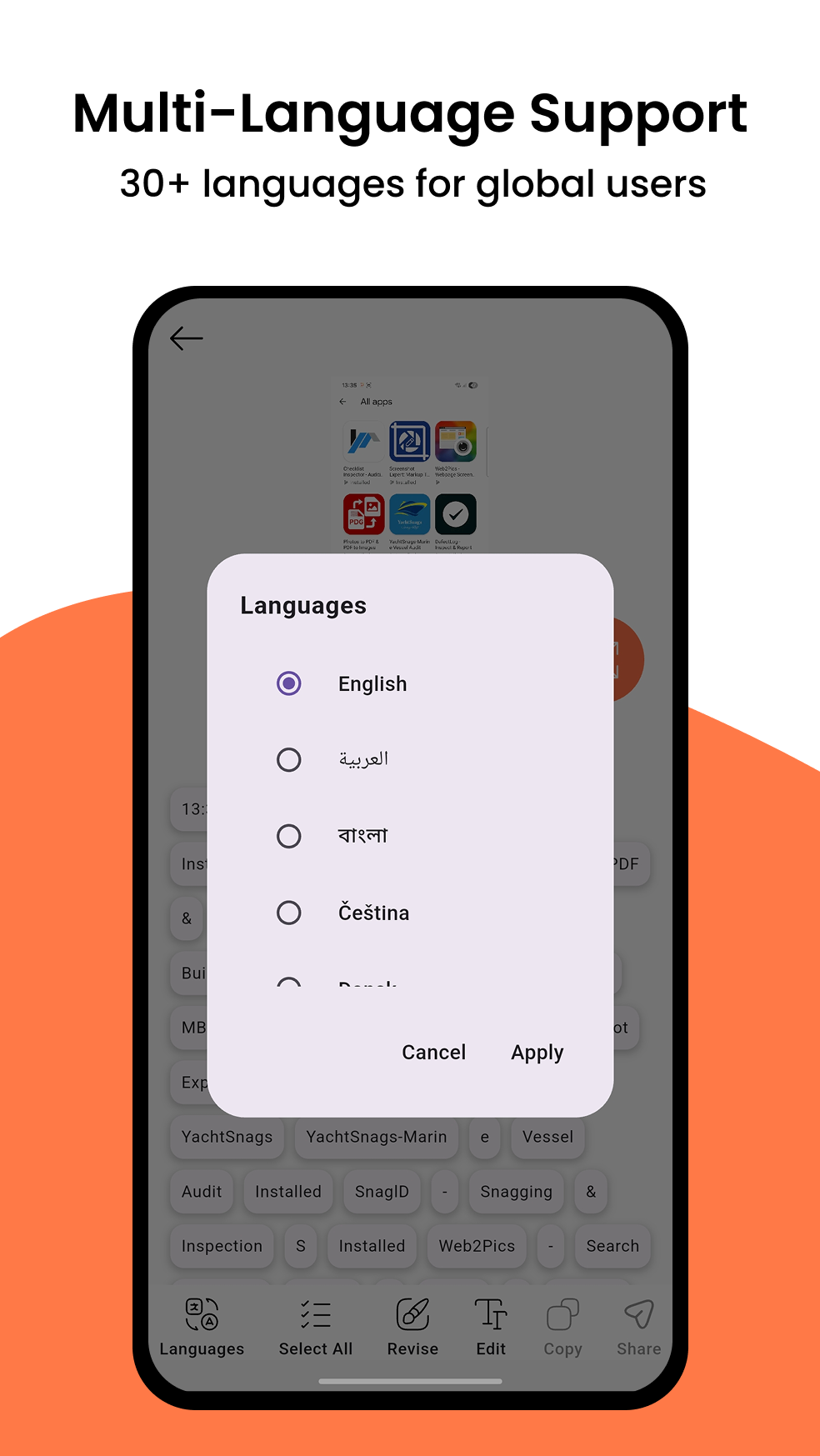 Snap2Text screenshot showing smart word selection and text box highlighting for corrections