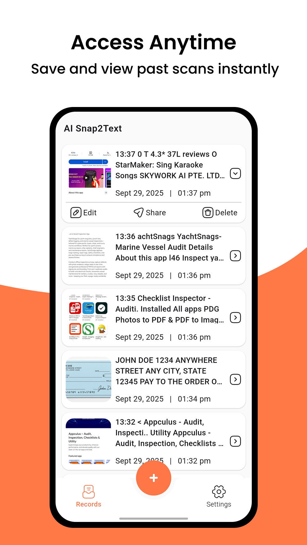 Snap2Text screenshot showing extracted text ready to copy, edit, and share to any app